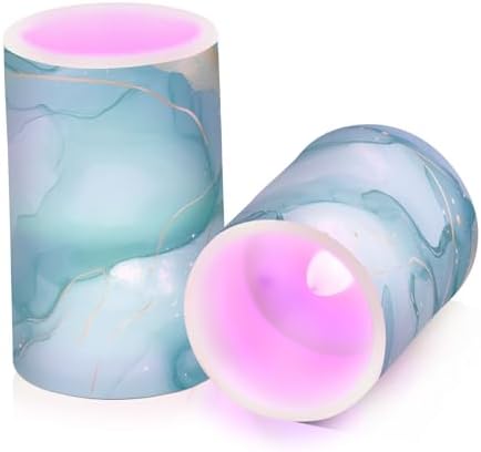 Turquoise Green Marble Flameless Candles with Remote Timer Set of 2
