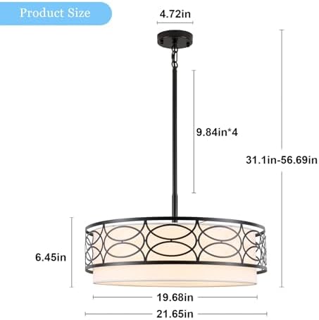 ALISADABOY 5 Light Black Drum Chandelier Modern Farmhouse Dining Room Ceiling Light Fixture