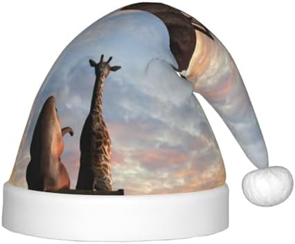 Elephant Giraffe Mountain Top Sunset Santa Hat for Kids