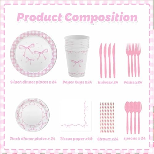 MEHOFOND 216 Pcs Pink Bow Party Plates Set for 24 Guests