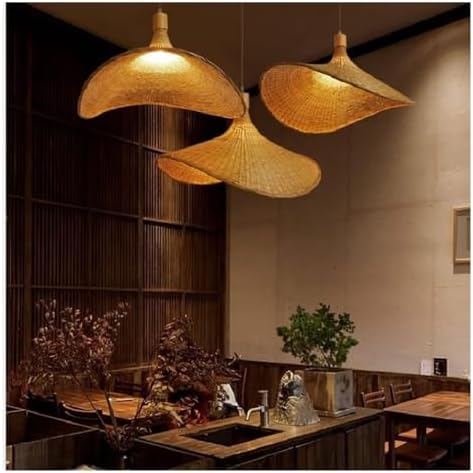 KADELONG Rattan Chandelier Pendant Light Wicker Retro E26 E27 Ceiling Lampshade