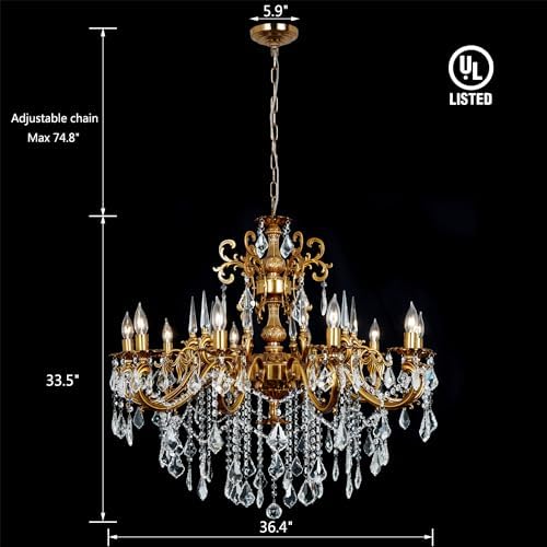 Antique Bronze Gold Crystal 10-Light Chandelier