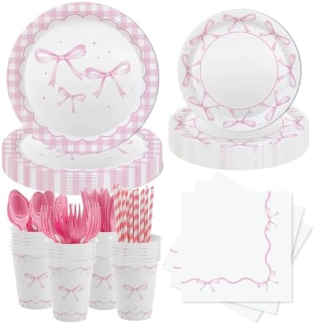 MEHOFOND 216 Pcs Pink Bow Party Plates Set for 24 Guests