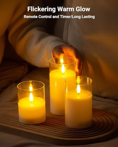 Stmarry 3D Flickering LED Candles with Remote and Timer Set of 3 Clear