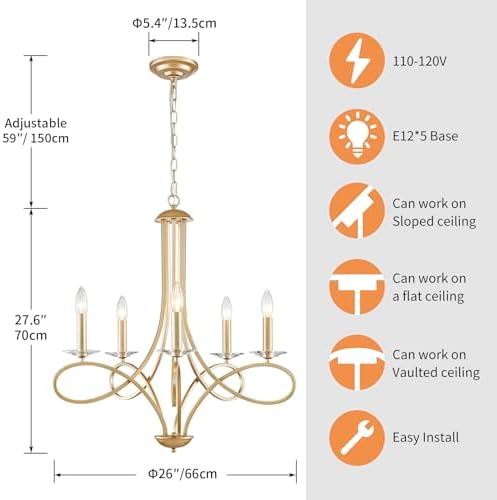 Saint Mossi 5-Lights Gold Chandelier with Adjustable Chain