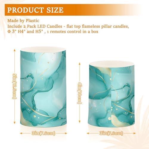 Turquoise Green Marble Flameless Candles with Remote Timer Set of 2
