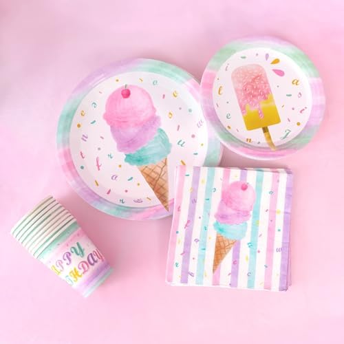 WERNNSAI Ice Cream Party Plates Napkins Cups Set
