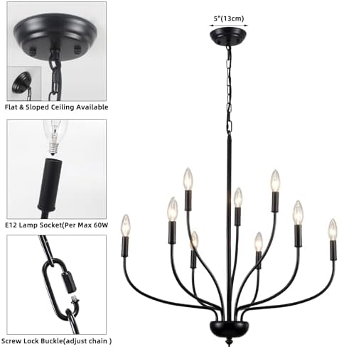Black 9-Light Chandelier for Dining Room and Entryway