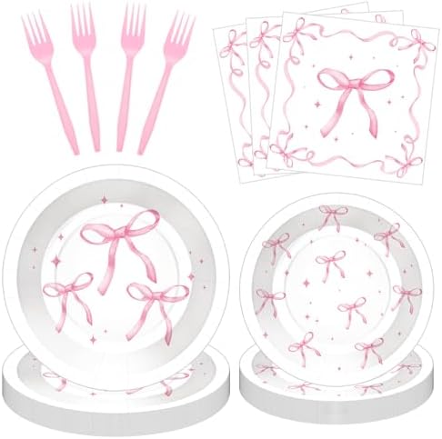 100 Pcs Pink Ribbon Bow Party Tableware Set Serves 25