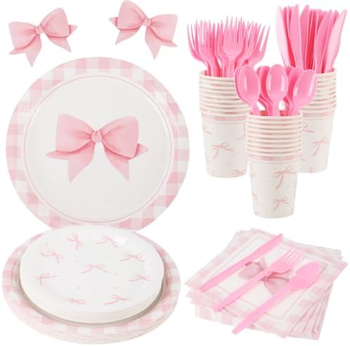 Coquette Pink Bow Party Tableware Set 210 Pcs