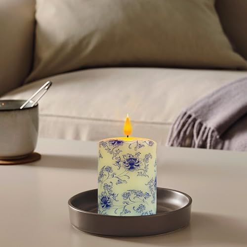 DEVSYWAX Flameless Pillar Candle 4 Inch Blue White Porcelain Real Wax