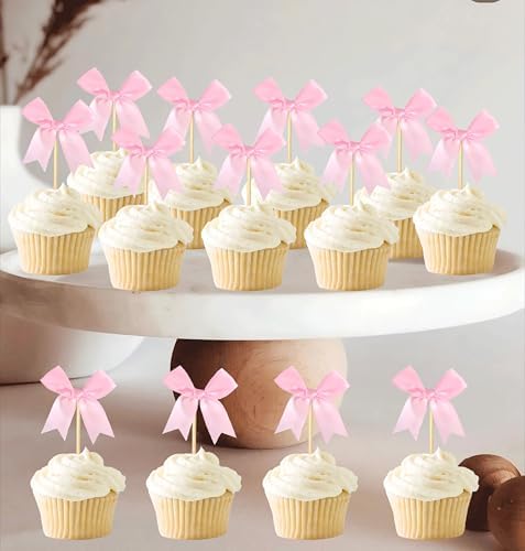 24PCS Pink Bow Cupcake Toppers for Birthday Parties