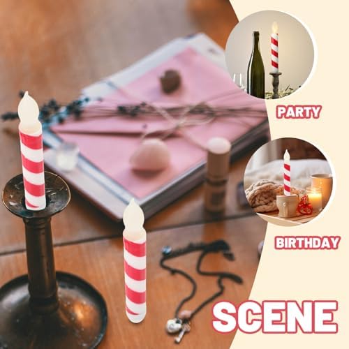 UPKOCH 6pcs Flameless Taper Candles Red White Striped LED Battery Operated