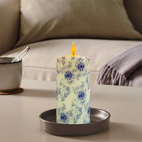 Flameless Pillar Candle with Remote Control 6 Inch Blue and Flower Design