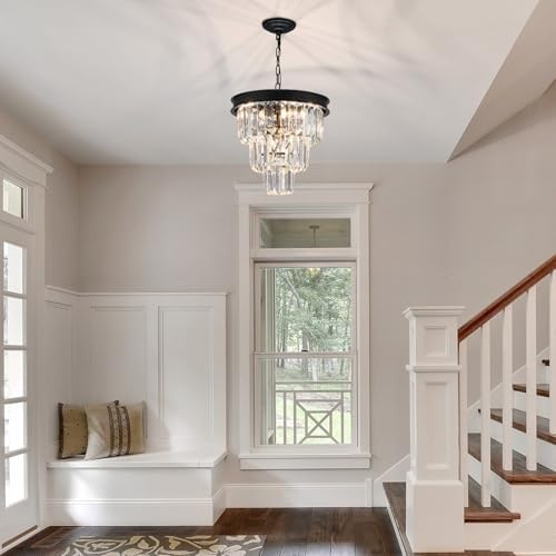 Modern Black Crystal Chandelier 3-Tier Dining Room Light Fixture