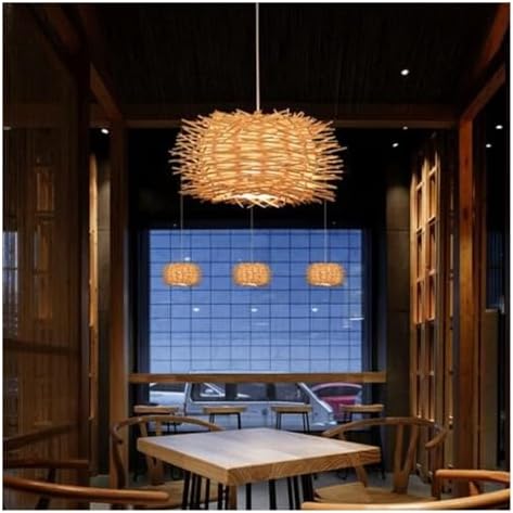Style Rattan Cage Chandelier Woven Beige Wicker Rustic Pendant Light