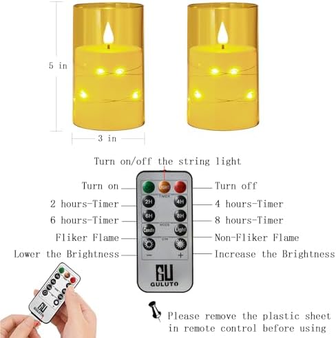 Flameless LED Candles with Star String Set of 2 Gold Remote and Timer