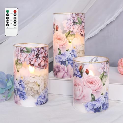 Silverstro Hydrangea Rose Flameless Candles Set of 3 With Remote Timer