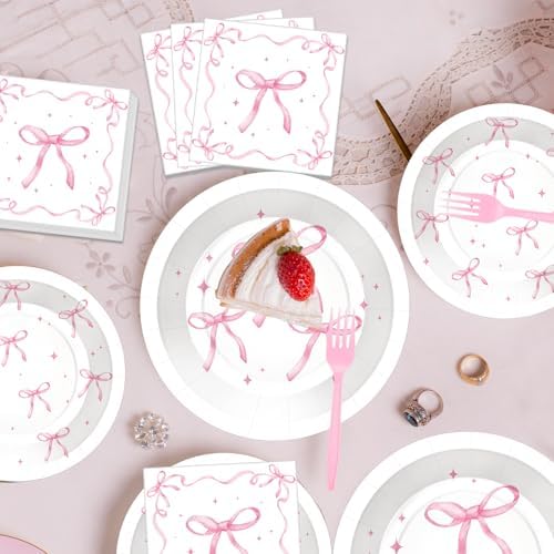 100 Pcs Pink Ribbon Bow Party Tableware Set Serves 25