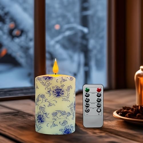 DEVSYWAX Flameless Pillar Candle 4 Inch Blue White Porcelain Real Wax