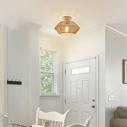6-Light Black Farmhouse Chandelier with 1-Light Rattan Ceiling Light