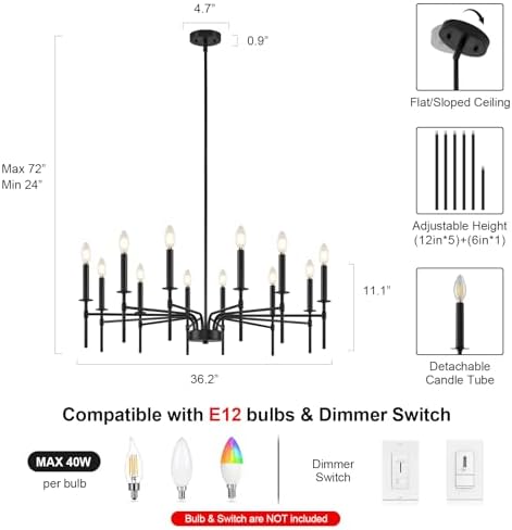 Qamra 12 Light Metal Black Chandelier for Dining Room
