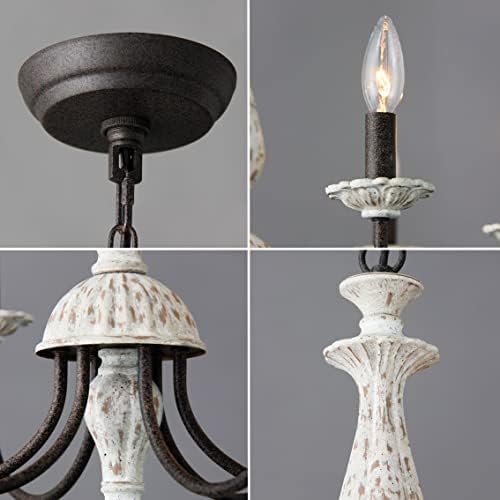 Farmhouse Chandelier 6 Light White Wood Black Metal Pendant