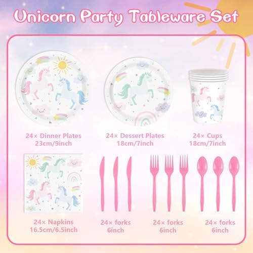 Unicorn Party Supplies for 24 Guests Pastel Tableware Set