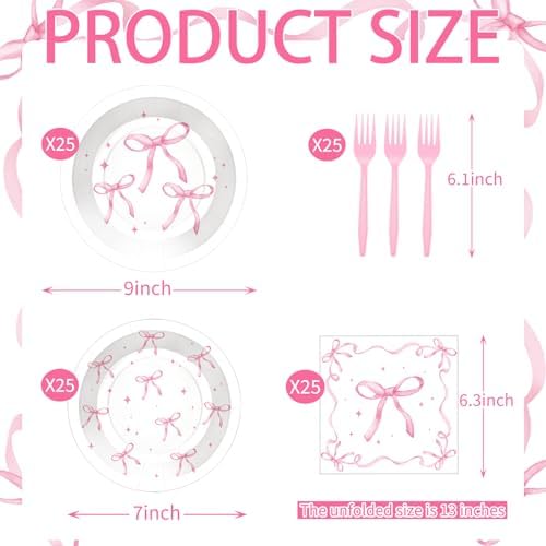 100 Pcs Pink Ribbon Bow Party Tableware Set Serves 25