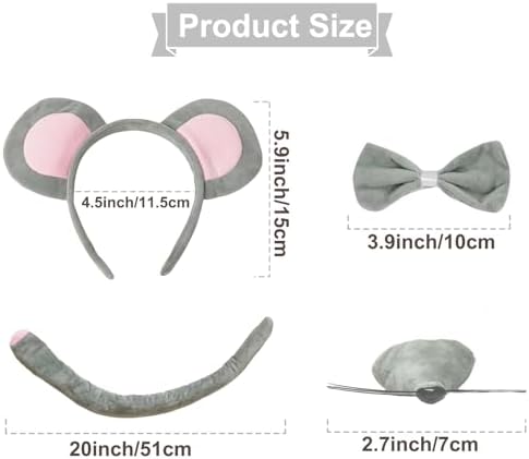 4-Piece Mouse Costume Headband Nose Bow Tie and Tail Set