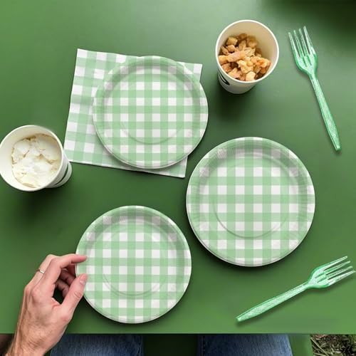 96 Pcs Sage Green Plaid Tableware Set for Baby Shower