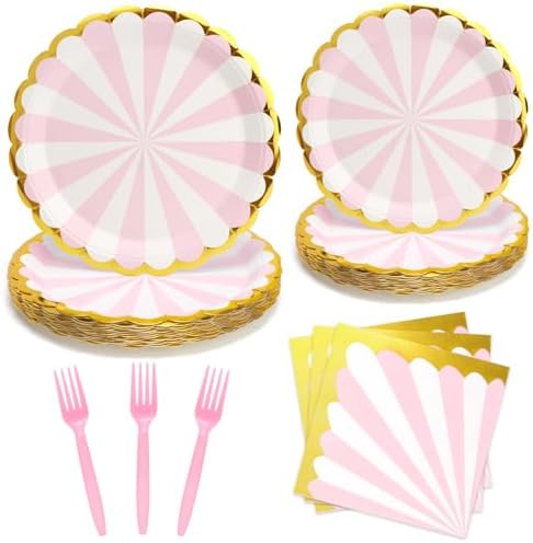 96PCS Pink and White Party Plates with Napkins and Forks