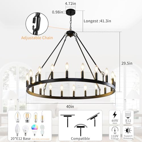 Black Wagon Wheel Chandelier 20 Light Modern Farmhouse Ceiling Light