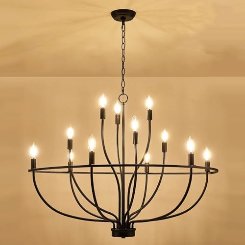 12 Light Black Chandelier - Modern Farmhouse Style