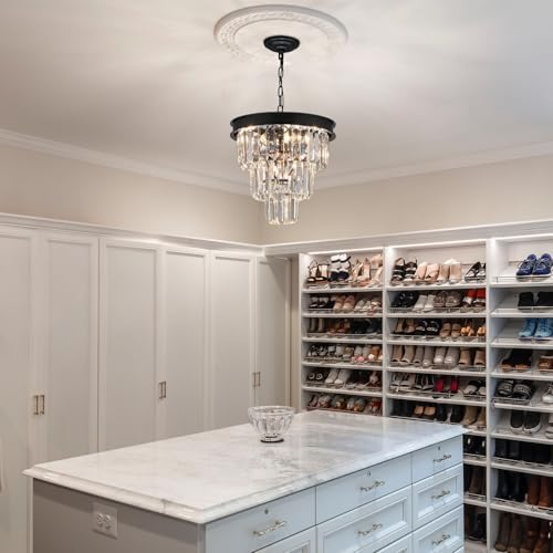 Modern Black Crystal Chandelier 3-Tier Dining Room Light Fixture
