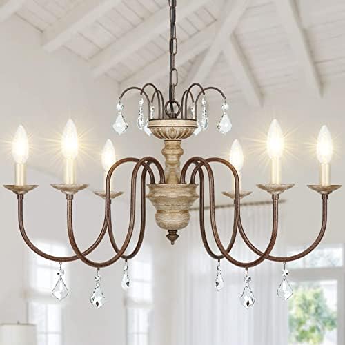 French Country 6-Light Wood Farmhouse Chandelier with Crystal Pendant