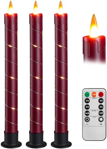 Da by 3 Pcs Flameless Taper Candles with Remote and Timer - Red