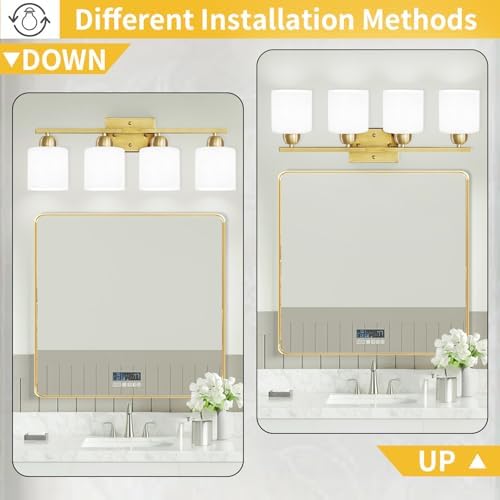 4 Light Gold Vanity Light Fixture with Frosted Glass Shades