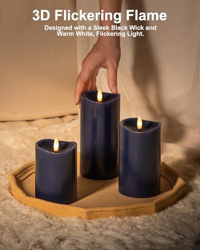 Velsyn Navy Blue Flameless Candles with Remote and Timer