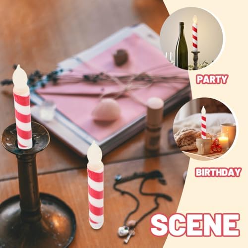 UPKOCH 6pcs Flameless Taper Candles Red White Striped LED Battery Operated