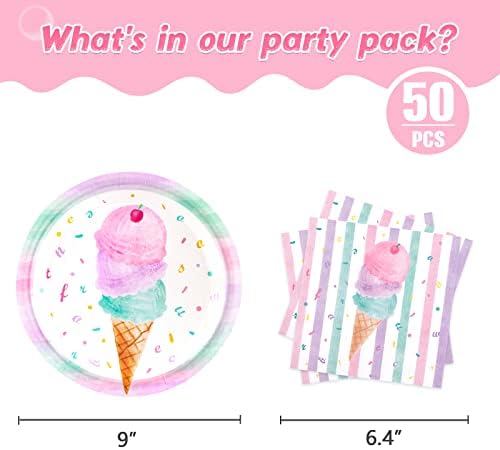 WERNNSAI Ice Cream Party Plates and Napkins - 100PCS for 50 Guests