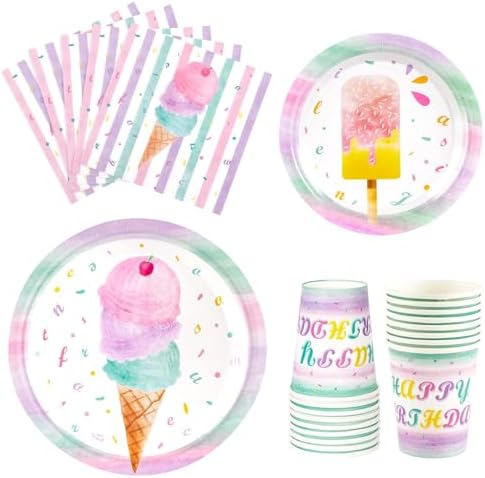 WERNNSAI Ice Cream Party Plates Napkins Cups Set