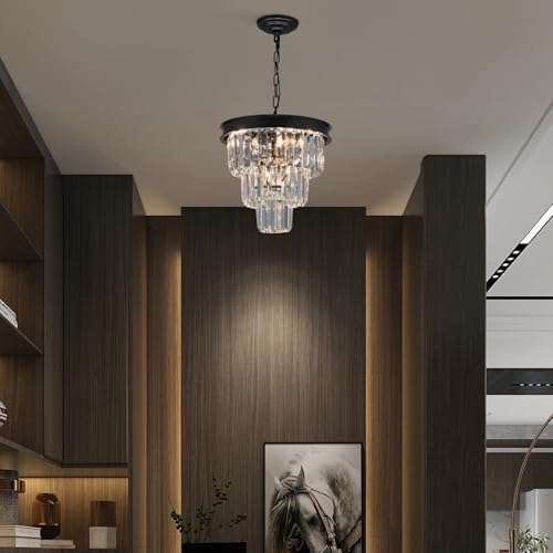 Modern Black Crystal Chandelier 3-Tier Dining Room Light Fixture