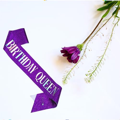 Birthday Queen Sash with Purple Glitter Satin and Silver Iridescence Foil