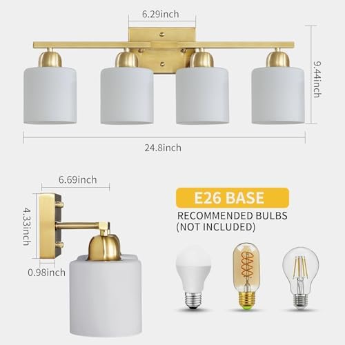 4 Light Gold Vanity Light Fixture with Frosted Glass Shades
