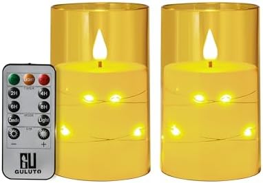 Flameless LED Candles with Star String Set of 2 Gold Remote and Timer