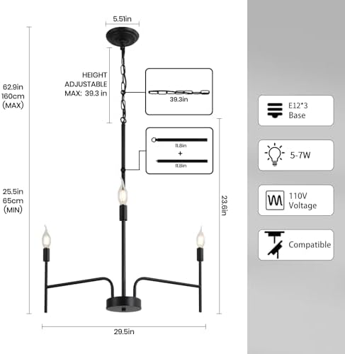 Black Chandelier 3 Light Modern Farmhouse Ceiling Light