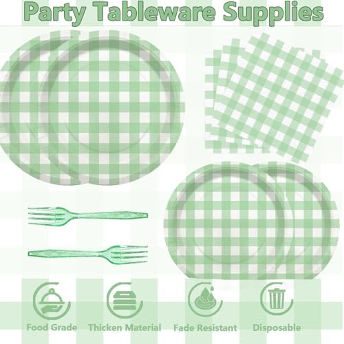 96 Pcs Sage Green Plaid Tableware Set for Baby Shower