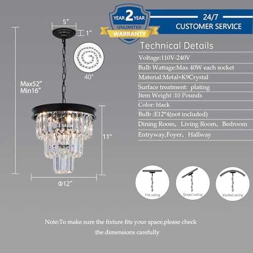 Modern Black Crystal Chandelier 3-Tier Dining Room Light Fixture
