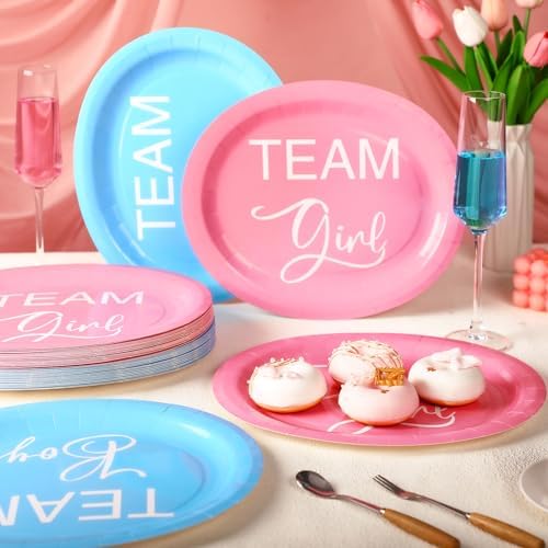 Suclain 50 Pcs Gender Reveal Plates Blue and Pink Oval Disposable Party Tableware